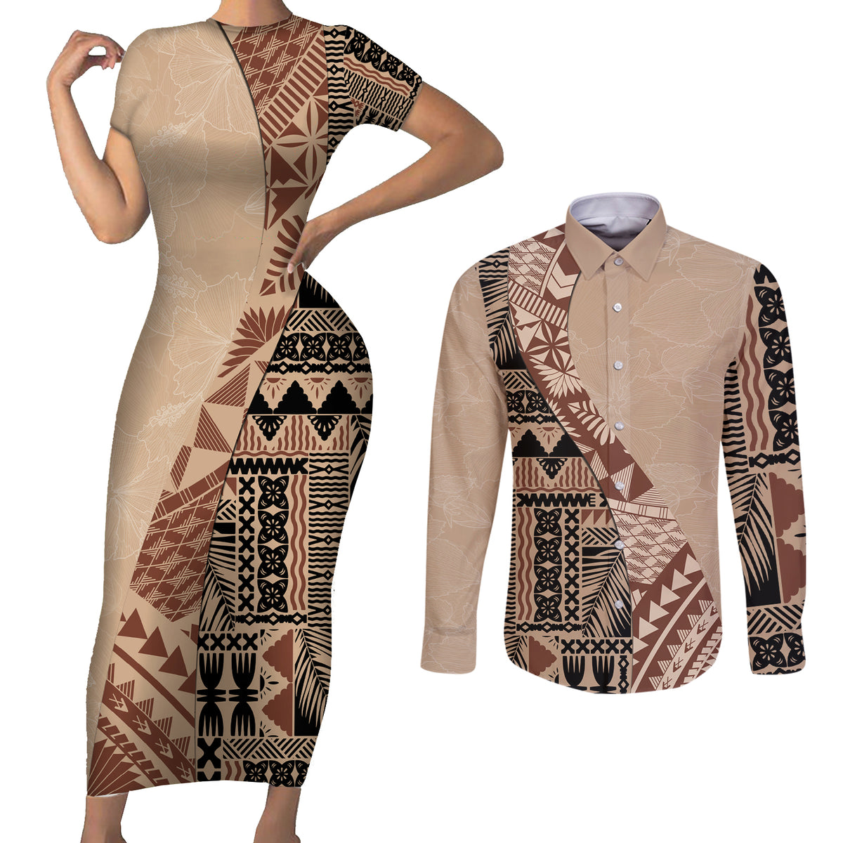Bula Fiji Couples Matching Short Sleeve Bodycon Dress and Long Sleeve Button Shirt Tribal Masi Tapa - Beige LT7 - Wonder Print Shop