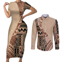 Bula Fiji Couples Matching Short Sleeve Bodycon Dress and Long Sleeve Button Shirt Tribal Masi Tapa - Beige LT7 - Wonder Print Shop