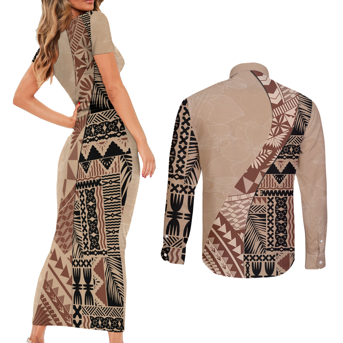 Bula Fiji Couples Matching Short Sleeve Bodycon Dress and Long Sleeve Button Shirt Tribal Masi Tapa - Beige LT7 - Wonder Print Shop