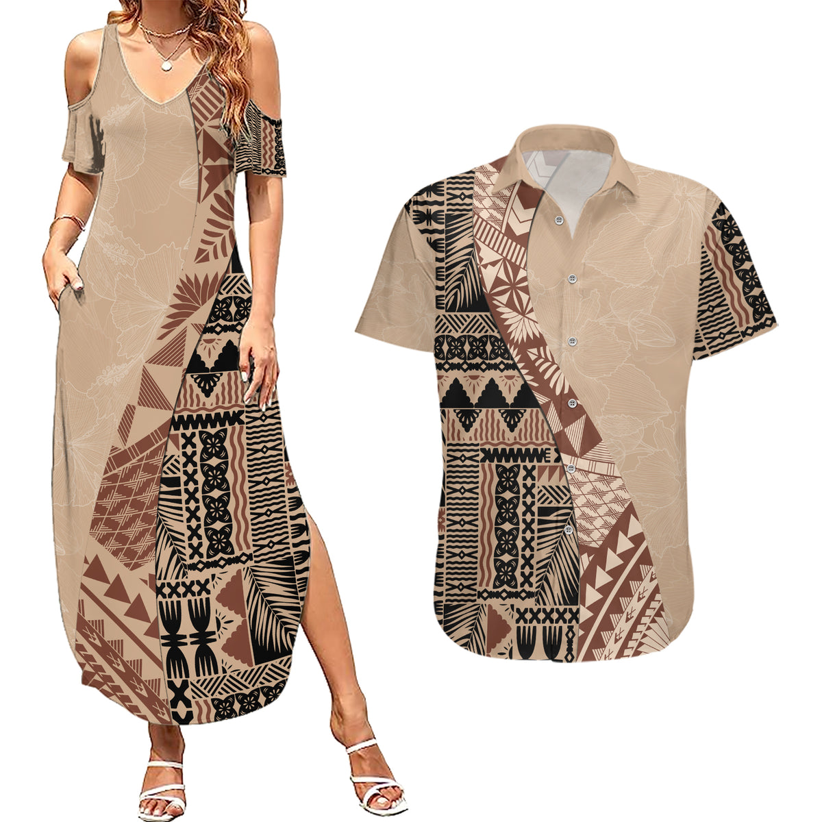 Bula Fiji Couples Matching Summer Maxi Dress and Hawaiian Shirt Tribal Masi Tapa - Beige LT7 - Wonder Print Shop