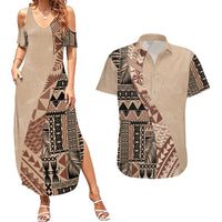 Bula Fiji Couples Matching Summer Maxi Dress and Hawaiian Shirt Tribal Masi Tapa - Beige LT7 - Wonder Print Shop