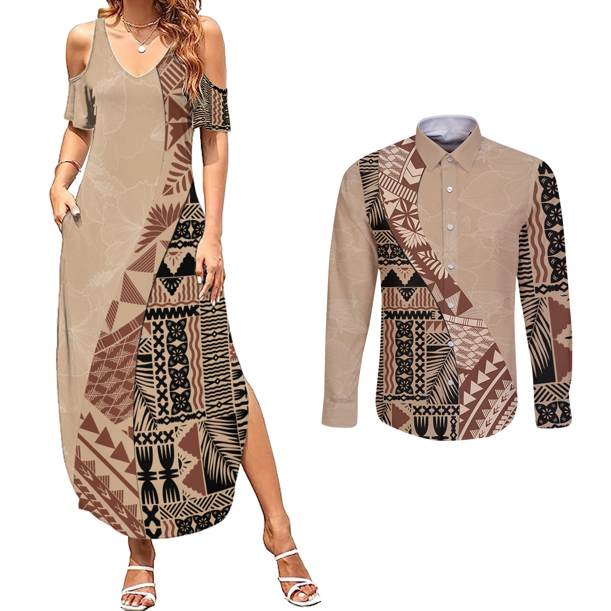 Bula Fiji Couples Matching Summer Maxi Dress and Long Sleeve Button Shirt Tribal Masi Tapa - Beige LT7 - Wonder Print Shop