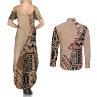 Bula Fiji Couples Matching Summer Maxi Dress and Long Sleeve Button Shirt Tribal Masi Tapa - Beige LT7 - Wonder Print Shop