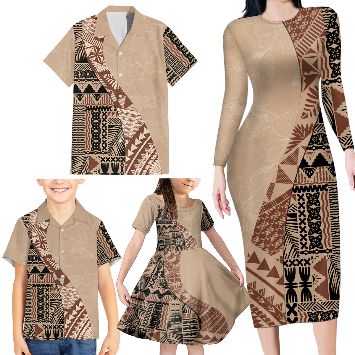 Bula Fiji Family Matching Long Sleeve Bodycon Dress and Hawaiian Shirt Tribal Masi Tapa - Beige LT7 - Wonder Print Shop