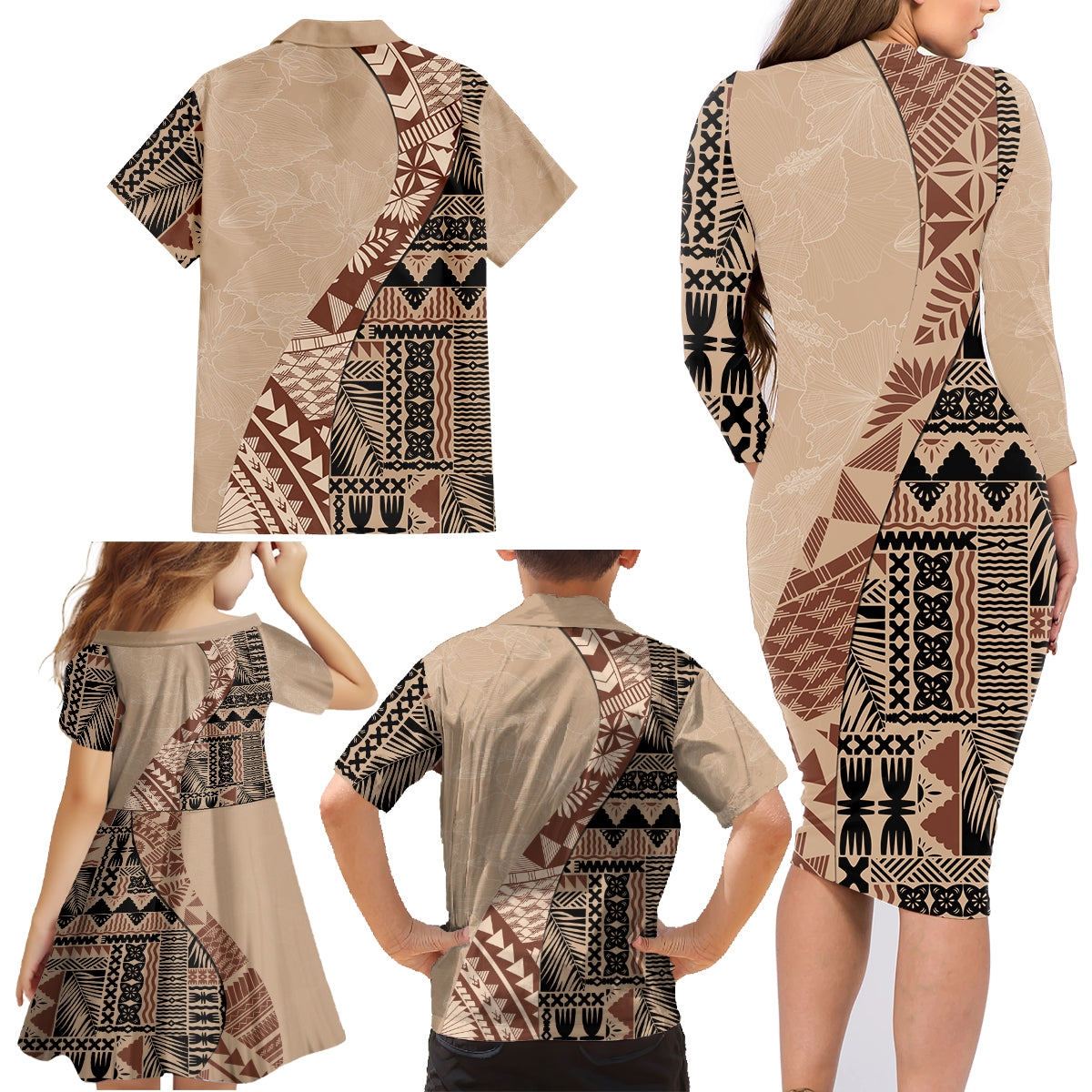 Bula Fiji Family Matching Long Sleeve Bodycon Dress and Hawaiian Shirt Tribal Masi Tapa - Beige LT7 - Wonder Print Shop