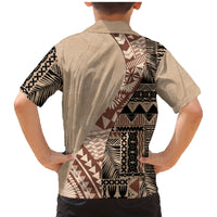 Bula Fiji Family Matching Long Sleeve Bodycon Dress and Hawaiian Shirt Tribal Masi Tapa - Beige LT7 - Wonder Print Shop
