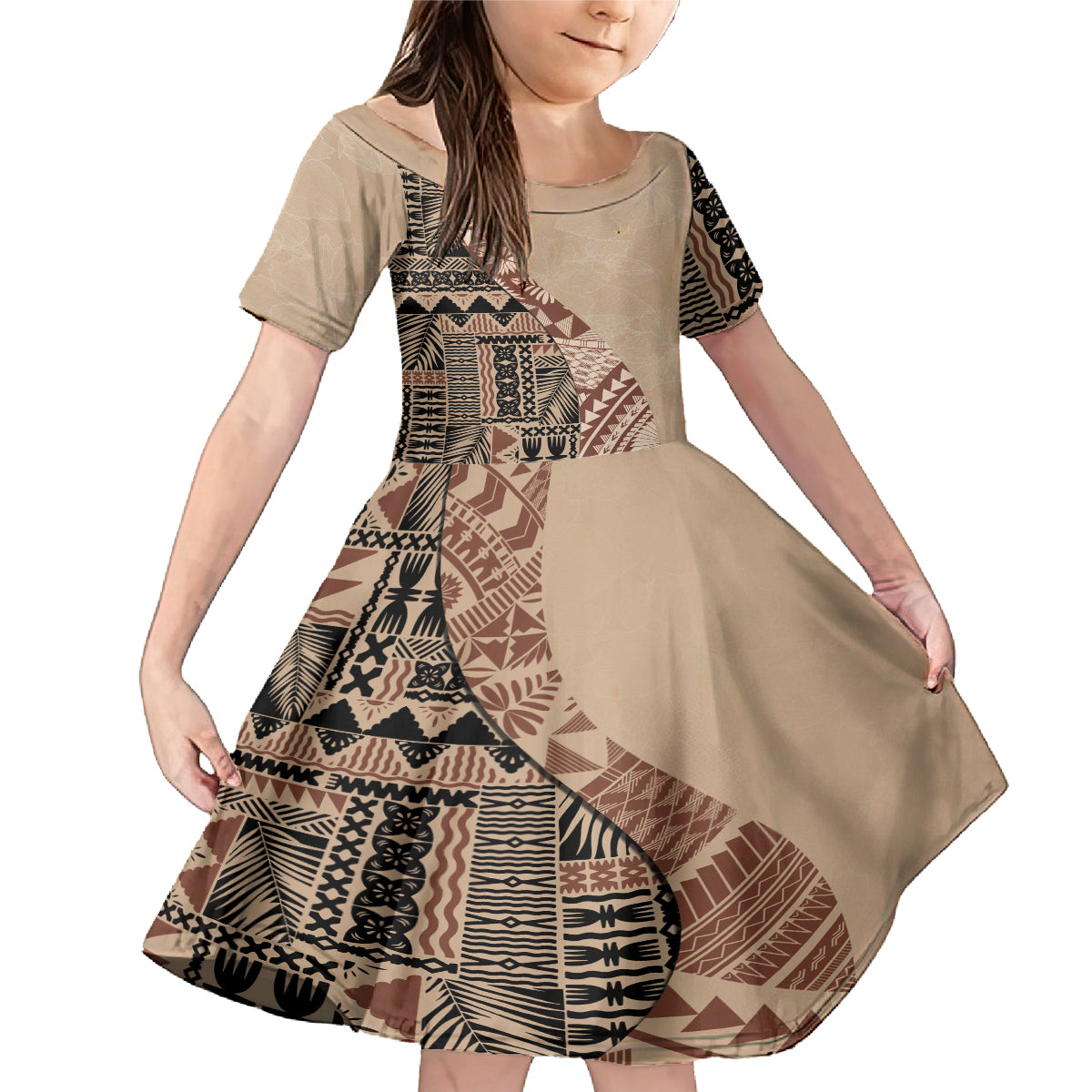 Bula Fiji Family Matching Mermaid Dress and Hawaiian Shirt Tribal Masi Tapa - Beige LT7 - Wonder Print Shop