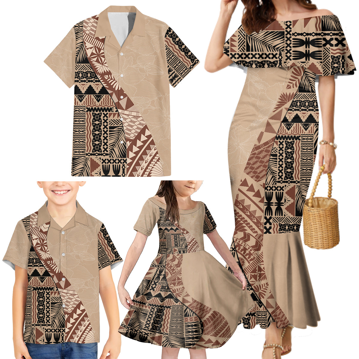 Bula Fiji Family Matching Mermaid Dress and Hawaiian Shirt Tribal Masi Tapa - Beige LT7 - Wonder Print Shop