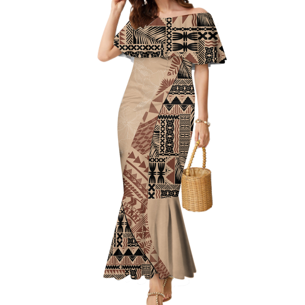 Bula Fiji Family Matching Mermaid Dress and Hawaiian Shirt Tribal Masi Tapa - Beige LT7 - Wonder Print Shop