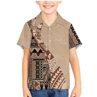 Bula Fiji Family Matching Long Sleeve Bodycon Dress and Hawaiian Shirt Tribal Masi Tapa - Beige LT7 - Wonder Print Shop