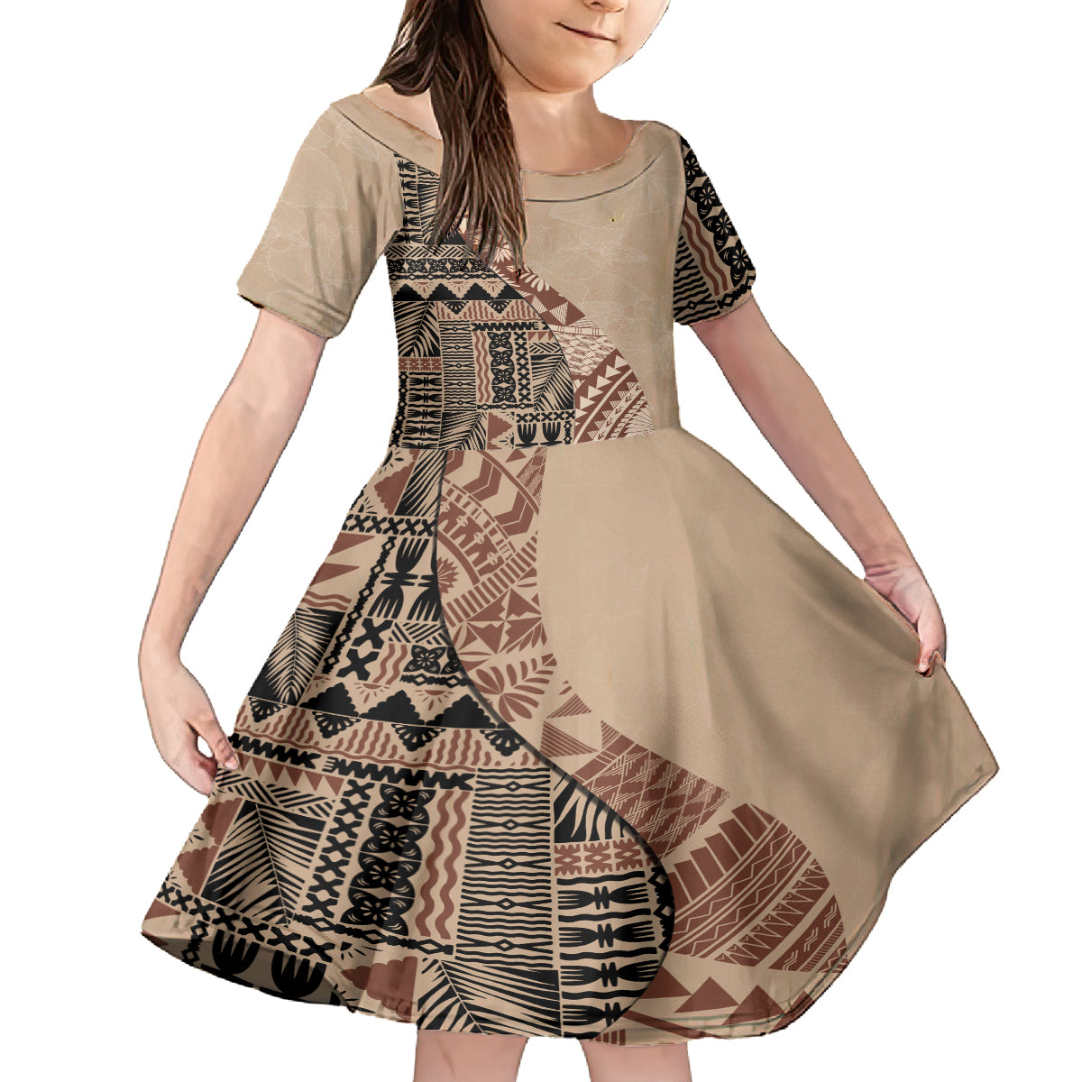 Bula Fiji Kid Short Sleeve Dress Tribal Masi Tapa - Beige - Wonder Print Shop