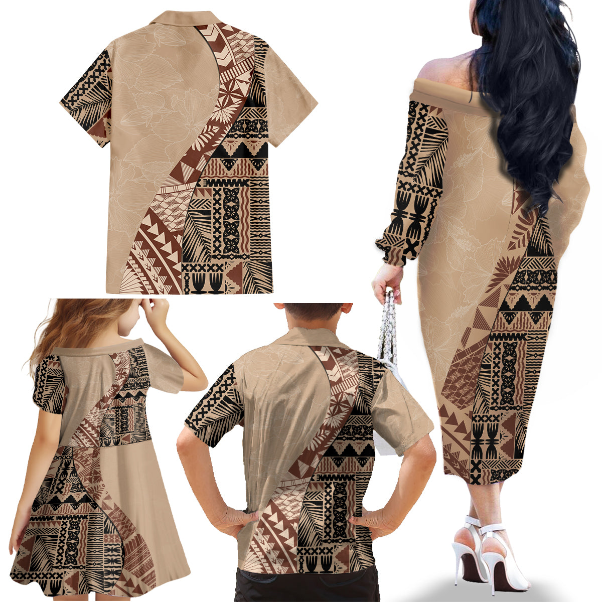 Bula Fiji Family Matching Off Shoulder Long Sleeve Dress and Hawaiian Shirt Tribal Masi Tapa - Beige - Wonder Print Shop