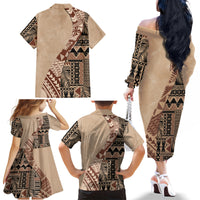 Bula Fiji Family Matching Off Shoulder Long Sleeve Dress and Hawaiian Shirt Tribal Masi Tapa - Beige - Wonder Print Shop