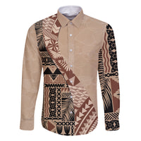 Bula Fiji Family Matching Long Sleeve Bodycon Dress and Hawaiian Shirt Tribal Masi Tapa - Beige LT7 - Wonder Print Shop