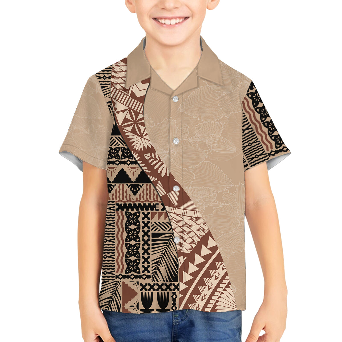 Bula Fiji Family Matching Off Shoulder Long Sleeve Dress and Hawaiian Shirt Tribal Masi Tapa - Beige - Wonder Print Shop