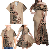 Bula Fiji Family Matching Off Shoulder Maxi Dress and Hawaiian Shirt Tribal Masi Tapa - Beige LT7 - Wonder Print Shop