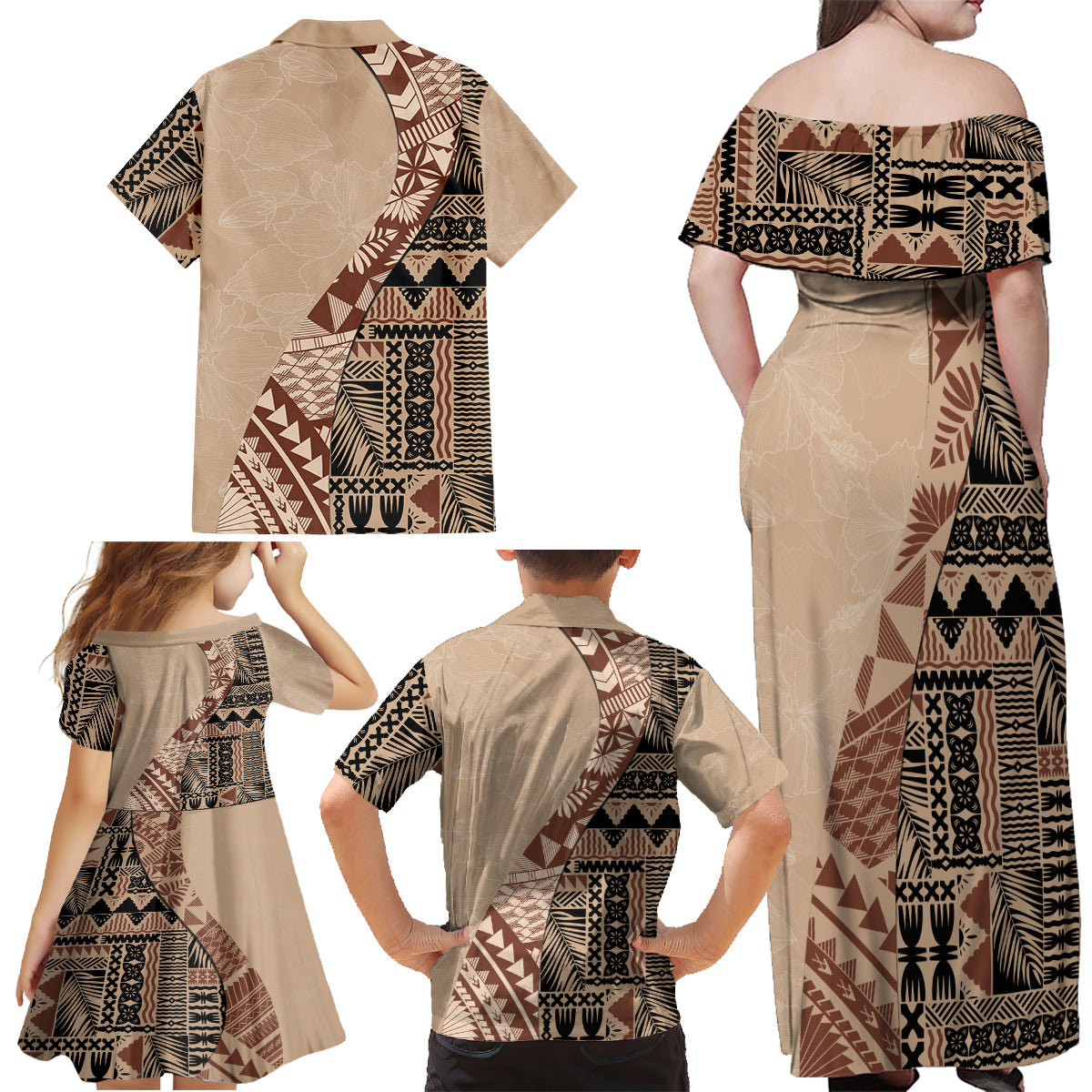Bula Fiji Family Matching Off Shoulder Maxi Dress and Hawaiian Shirt Tribal Masi Tapa - Beige LT7 - Wonder Print Shop