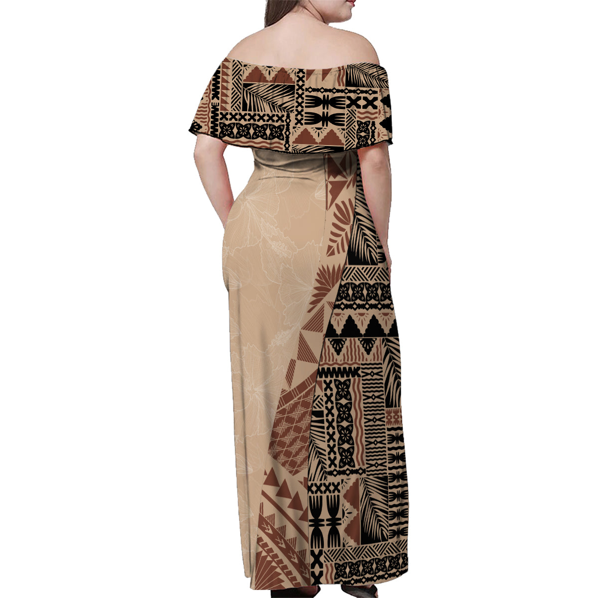 Bula Fiji Family Matching Off Shoulder Maxi Dress and Hawaiian Shirt Tribal Masi Tapa - Beige LT7 - Wonder Print Shop