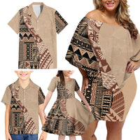 Bula Fiji Family Matching Off Shoulder Short Dress and Hawaiian Shirt Tribal Masi Tapa - Beige LT7 - Wonder Print Shop