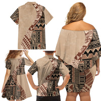 Bula Fiji Family Matching Off Shoulder Short Dress and Hawaiian Shirt Tribal Masi Tapa - Beige LT7 - Wonder Print Shop