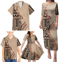 Bula Fiji Family Matching Puletasi Dress and Hawaiian Shirt Tribal Masi Tapa - Beige - Wonder Print Shop