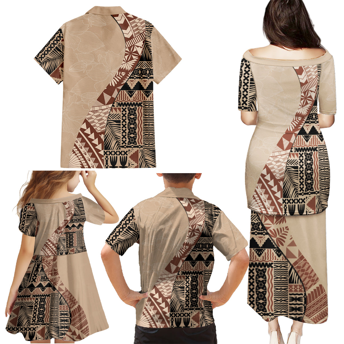 Bula Fiji Family Matching Puletasi Dress and Hawaiian Shirt Tribal Masi Tapa - Beige - Wonder Print Shop