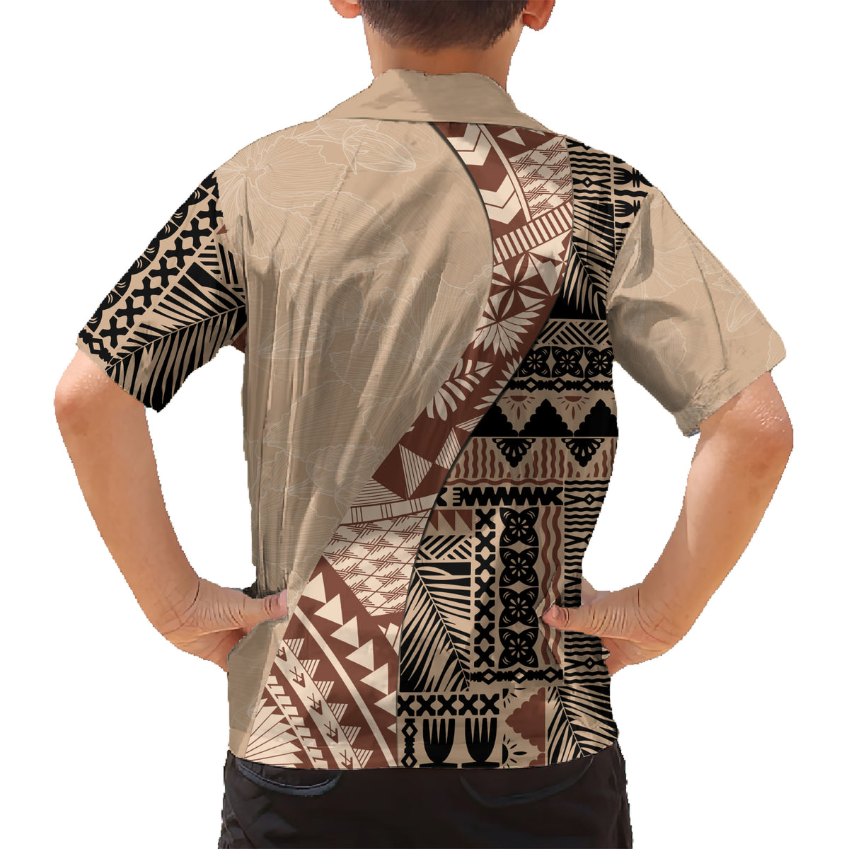 Bula Fiji Family Matching Short Sleeve Bodycon Dress and Hawaiian Shirt Tribal Masi Tapa - Beige - Wonder Print Shop
