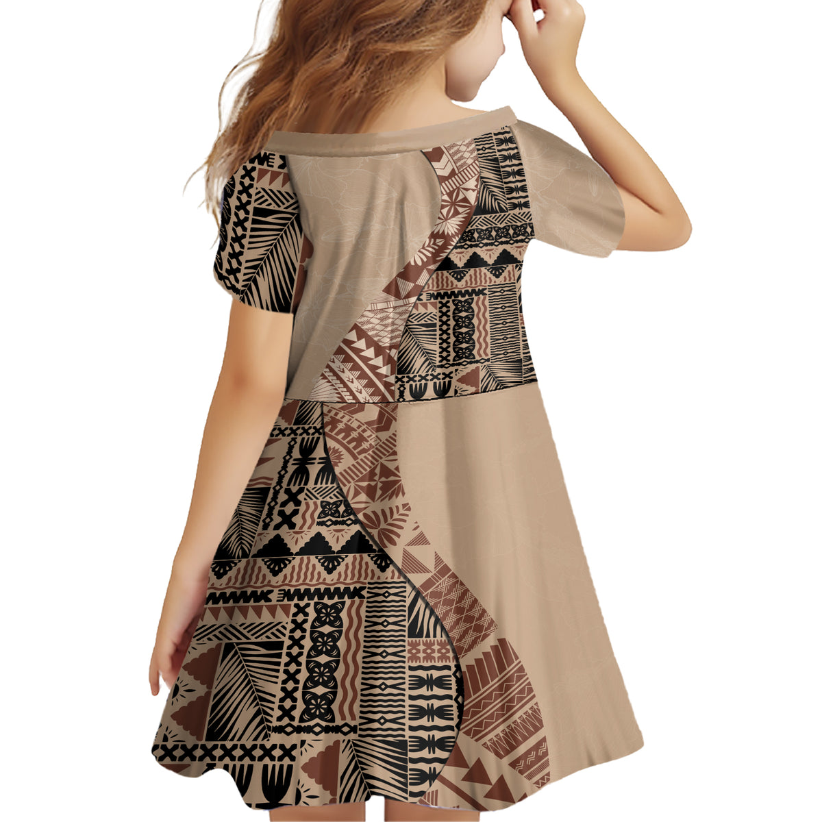 Bula Fiji Family Matching Short Sleeve Bodycon Dress and Hawaiian Shirt Tribal Masi Tapa - Beige - Wonder Print Shop