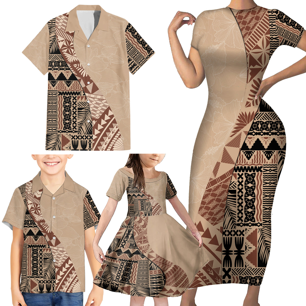 Bula Fiji Family Matching Short Sleeve Bodycon Dress and Hawaiian Shirt Tribal Masi Tapa - Beige - Wonder Print Shop