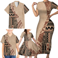 Bula Fiji Family Matching Short Sleeve Bodycon Dress and Hawaiian Shirt Tribal Masi Tapa - Beige - Wonder Print Shop