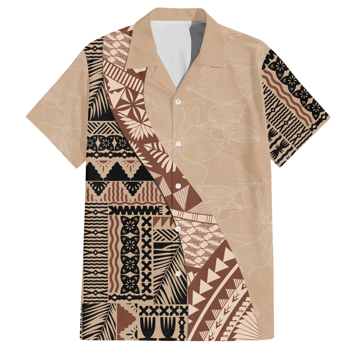Bula Fiji Family Matching Short Sleeve Bodycon Dress and Hawaiian Shirt Tribal Masi Tapa - Beige - Wonder Print Shop