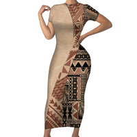Bula Fiji Family Matching Short Sleeve Bodycon Dress and Hawaiian Shirt Tribal Masi Tapa - Beige - Wonder Print Shop