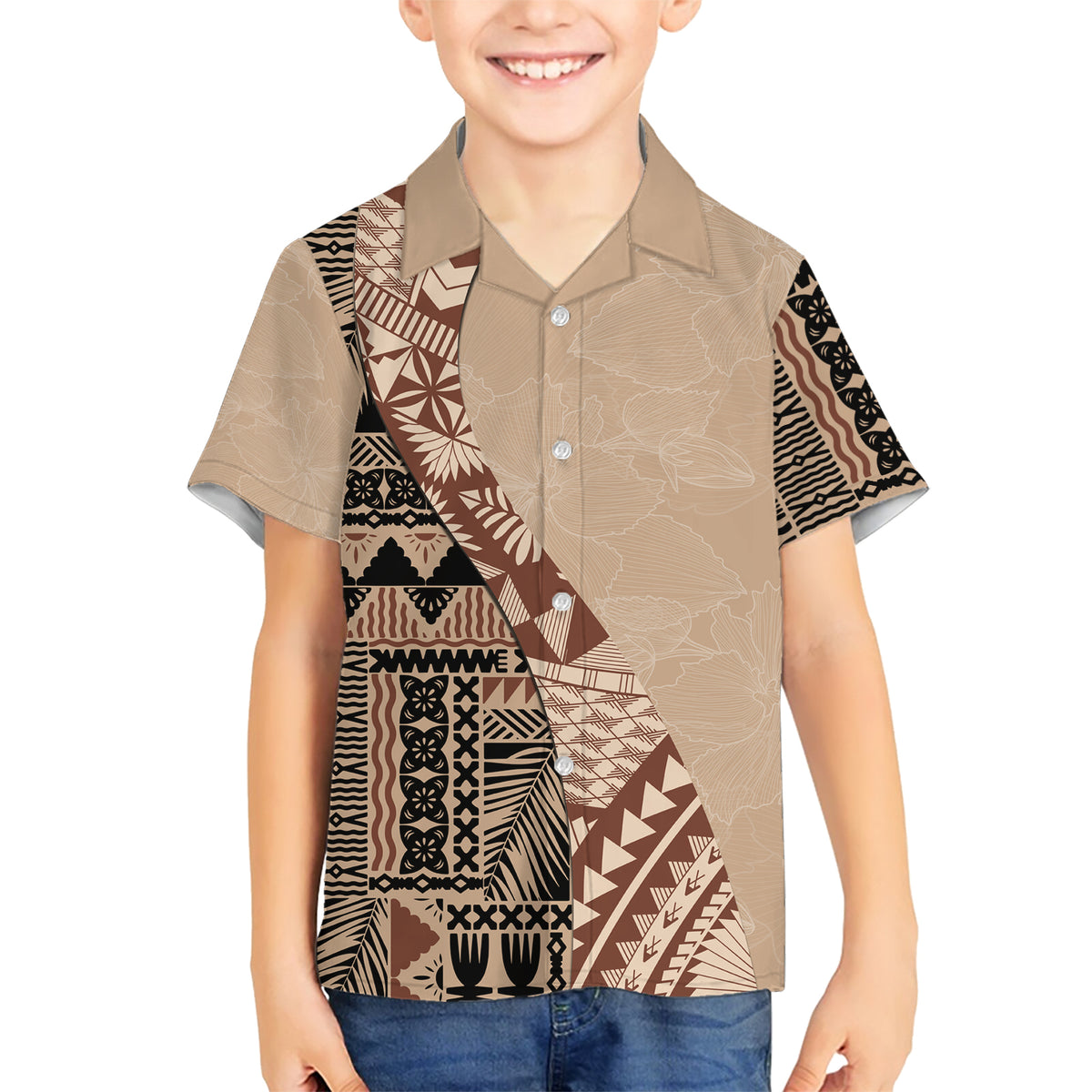 Bula Fiji Family Matching Short Sleeve Bodycon Dress and Hawaiian Shirt Tribal Masi Tapa - Beige - Wonder Print Shop