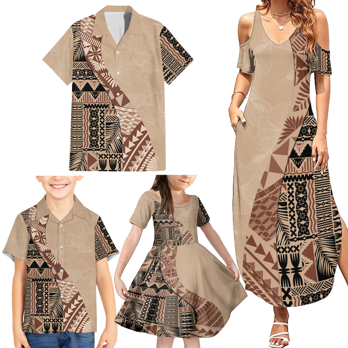 Bula Fiji Family Matching Summer Maxi Dress and Hawaiian Shirt Tribal Masi Tapa - Beige - Wonder Print Shop