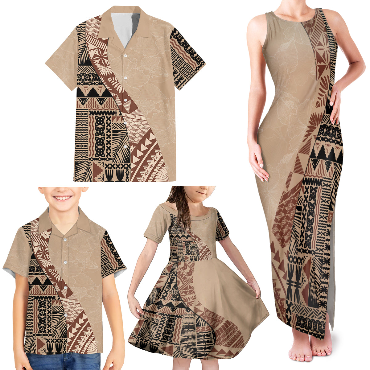 Bula Fiji Family Matching Tank Maxi Dress and Hawaiian Shirt Tribal Masi Tapa - Beige - Wonder Print Shop
