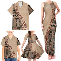 Bula Fiji Family Matching Tank Maxi Dress and Hawaiian Shirt Tribal Masi Tapa - Beige - Wonder Print Shop