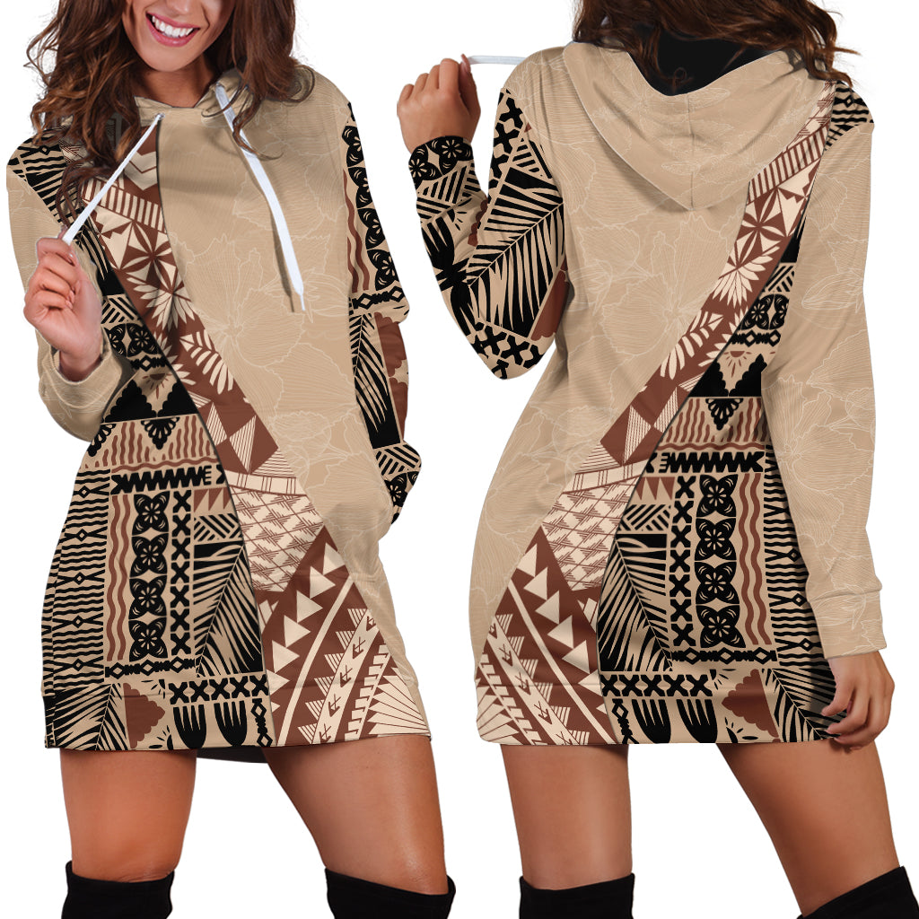 Bula Fiji Hoodie Dress Tribal Masi Tapa - Beige - Wonder Print Shop