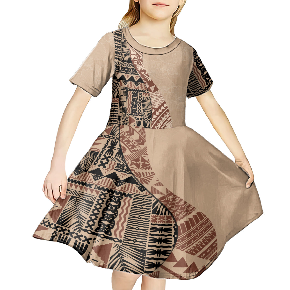 Bula Fiji Kid Short Sleeve Dress Tribal Masi Tapa - Beige - Wonder Print Shop
