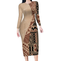 Bula Fiji Long Sleeve Bodycon Dress Tribal Masi Tapa - Beige - Wonder Print Shop