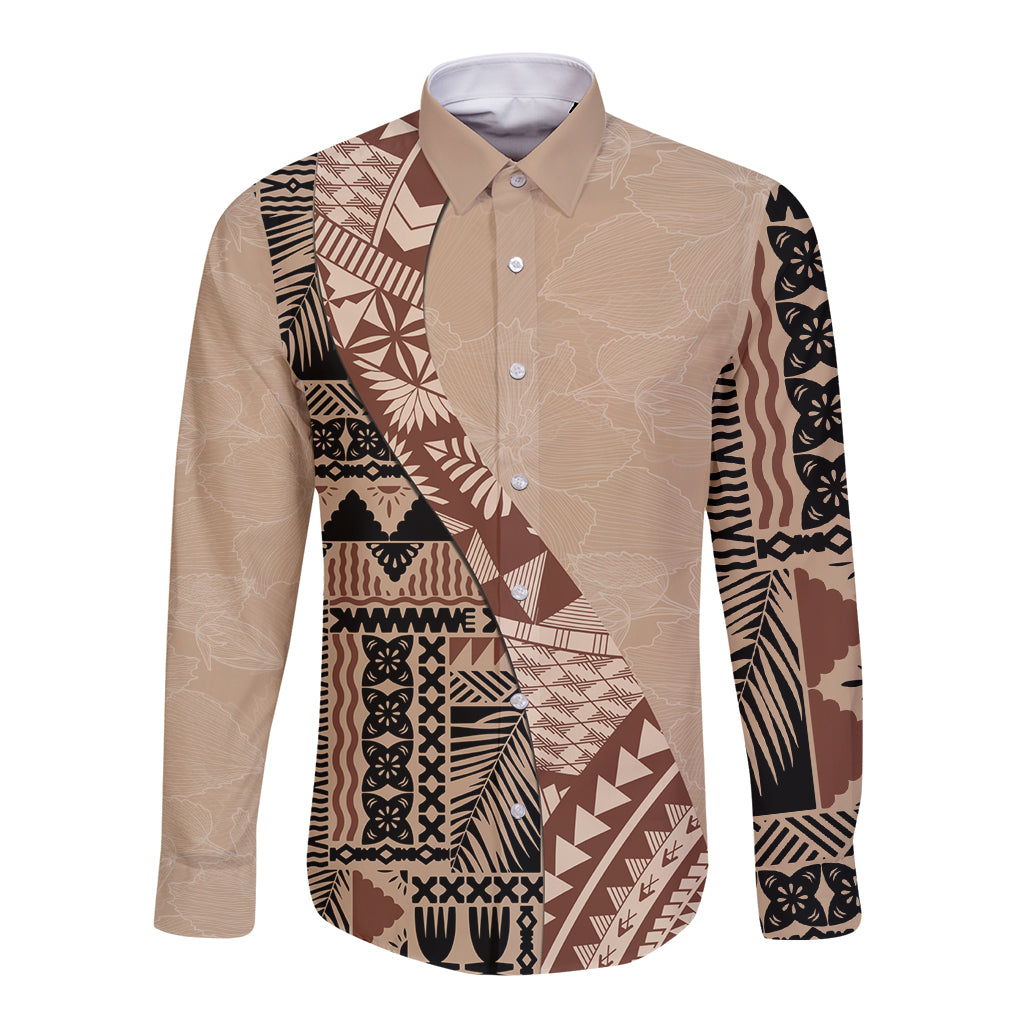 Bula Fiji Long Sleeve Button Shirt Tribal Masi Tapa - Beige - Wonder Print Shop