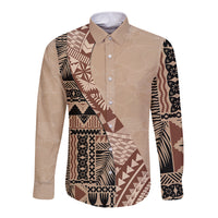 Bula Fiji Long Sleeve Button Shirt Tribal Masi Tapa - Beige - Wonder Print Shop