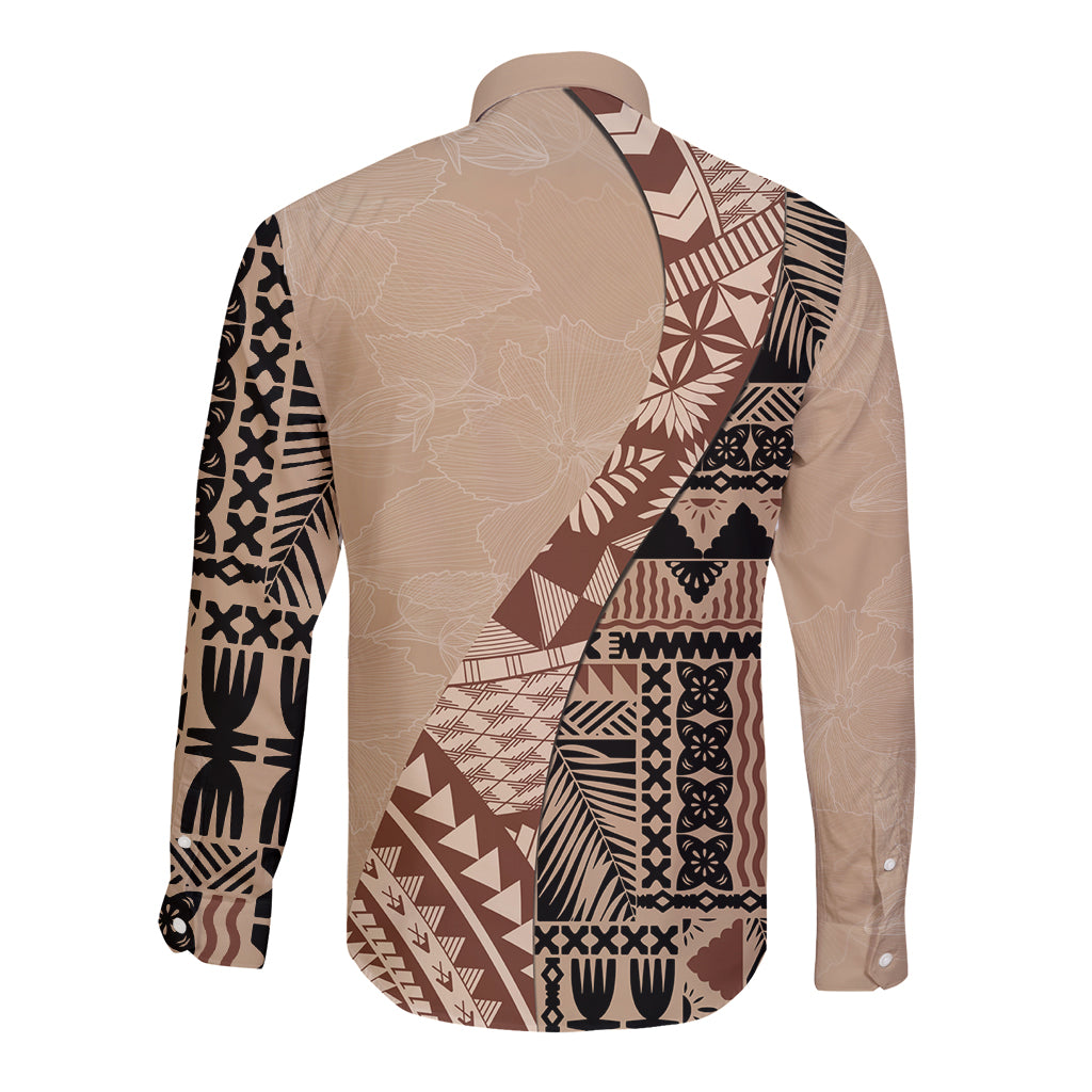 Bula Fiji Long Sleeve Button Shirt Tribal Masi Tapa - Beige - Wonder Print Shop