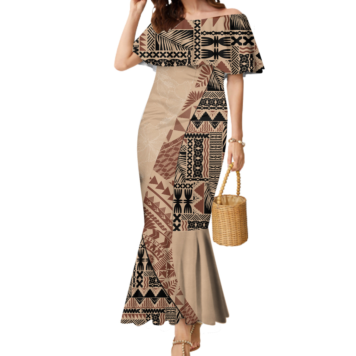 Bula Fiji Mermaid Dress Tribal Masi Tapa - Beige - Wonder Print Shop