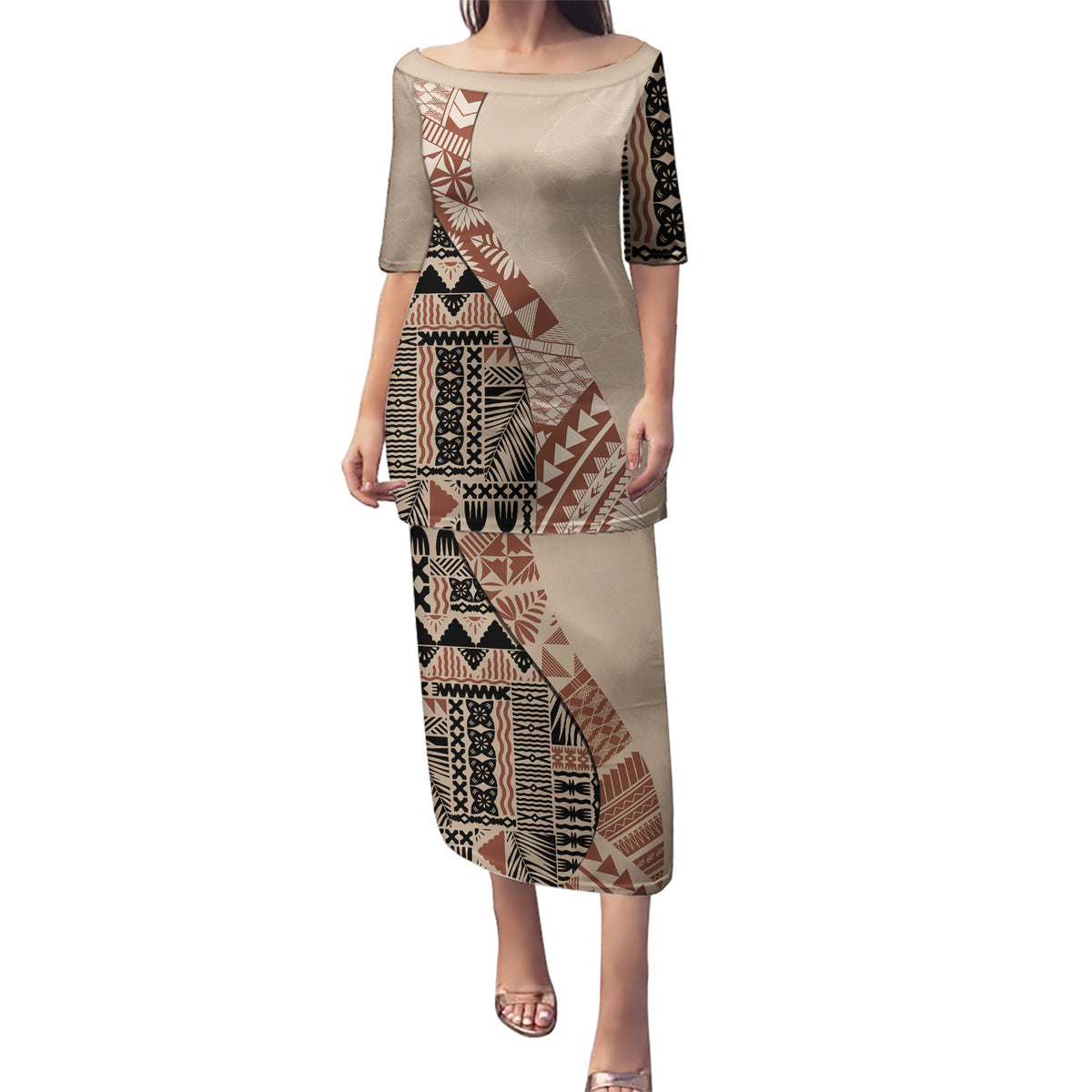 Bula Fiji Puletasi Tribal Masi Tapa - Beige - Wonder Print Shop