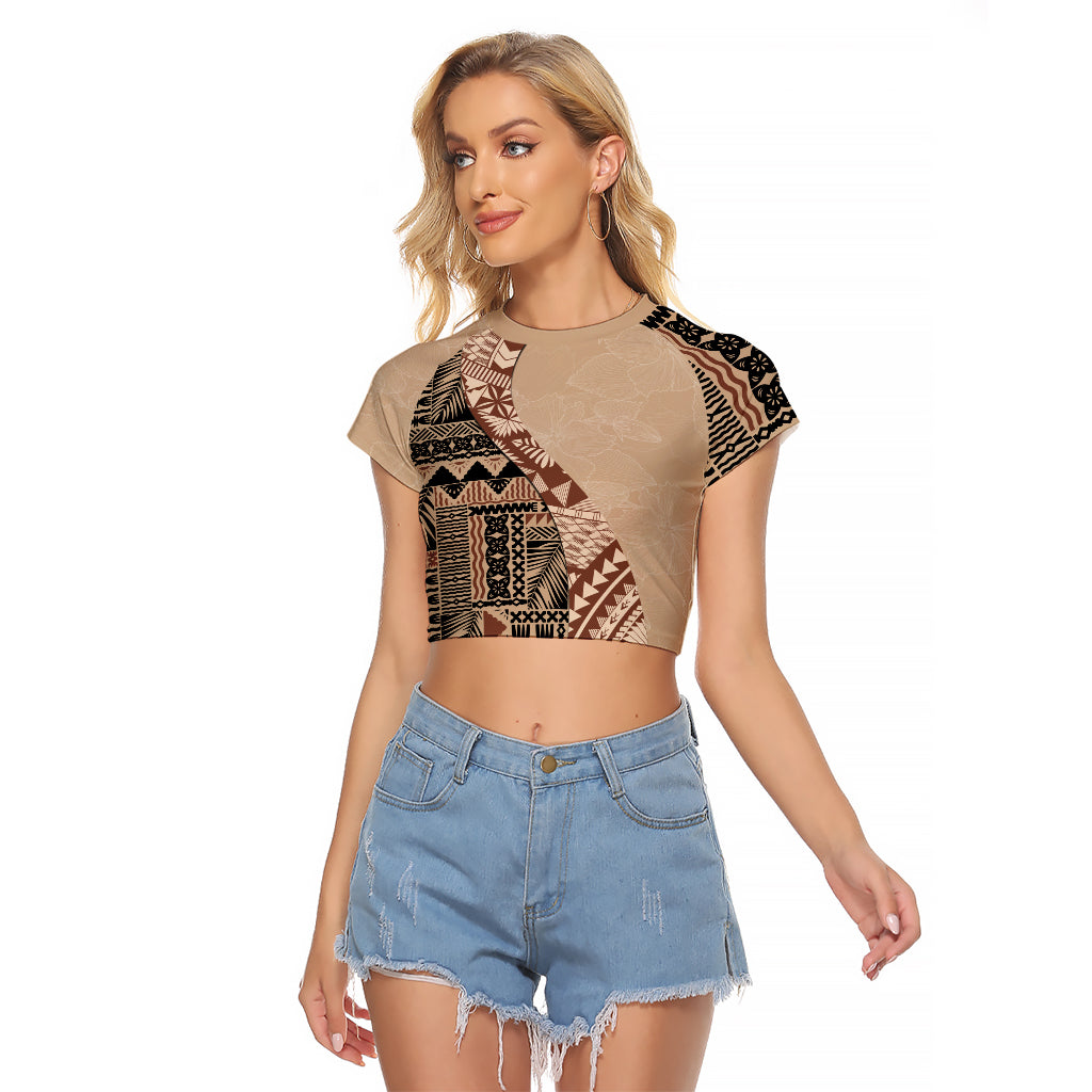 Bula Fiji Raglan Cropped T Shirt Tribal Masi Tapa - Beige - Wonder Print Shop