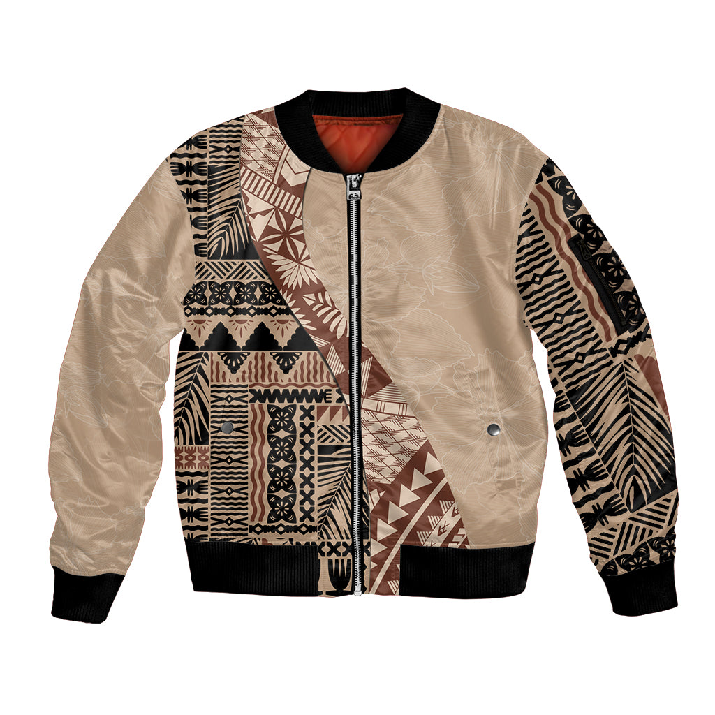 Bula Fiji Sleeve Zip Bomber Jacket Tribal Masi Tapa - Beige - Wonder Print Shop