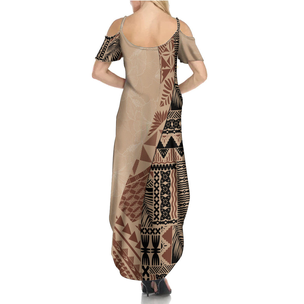 Bula Fiji Summer Maxi Dress Tribal Masi Tapa - Beige - Wonder Print Shop
