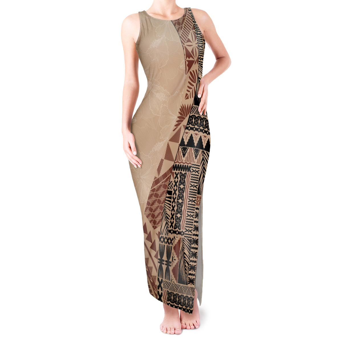 Bula Fiji Tank Maxi Dress Tribal Masi Tapa - Beige - Wonder Print Shop