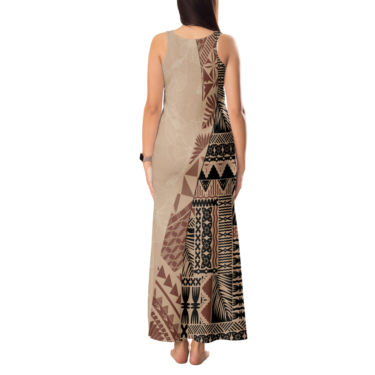 Bula Fiji Tank Maxi Dress Tribal Masi Tapa - Beige - Wonder Print Shop