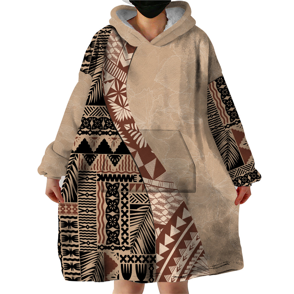 Bula Fiji Wearable Blanket Hoodie Tribal Masi Tapa - Beige - Wonder Print Shop
